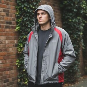 Coleman Men's Hooded Lightweight Jacket Gray Red Size XL Outdoor Adventure